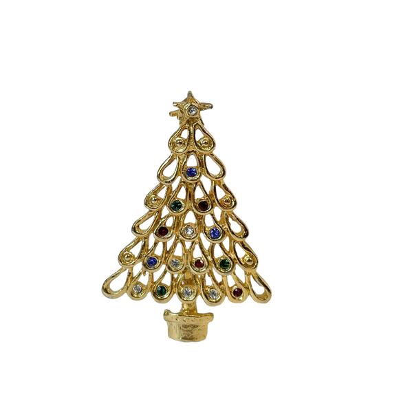 1980s Gold Plated Multi Colored Rhinestones Christmas Tree Holiday Pin Brooch - Picture 1 of 3